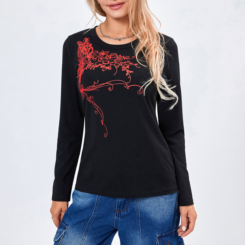 Jesenske ženske vintage majice s grafičkim motivima Ležerne majice dugih rukava s okruglim izrezom i uskim krojem Majice kratkih rukava Streetwear Grunge majice