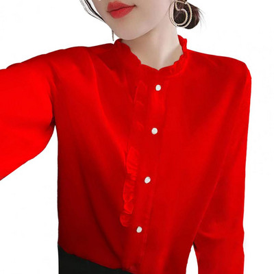 Naiste särk Lihtne hingav volangkrae vabaaja naiste kampsun töö särk Naiste pluus Naiste pluus