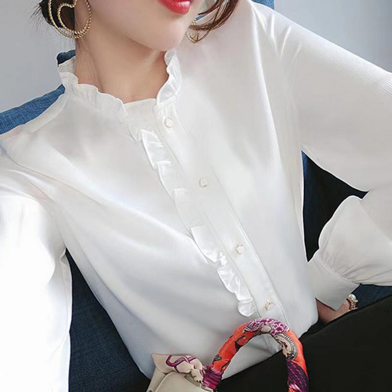 Naiste särk Lihtne hingav volangkrae vabaaja naiste kampsun töö särk Naiste pluus Naiste pluus