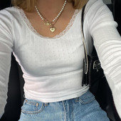 Y2K slatke čipkaste bijele rebraste pletene majice dugih rukava Chic Fairycore Vintage jesen proljeće ležerne majice ženske odjeće