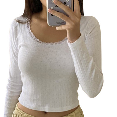 Y2K slatke čipkaste bijele rebraste pletene majice dugih rukava Chic Fairycore Vintage jesen proljeće ležerne majice ženske odjeće