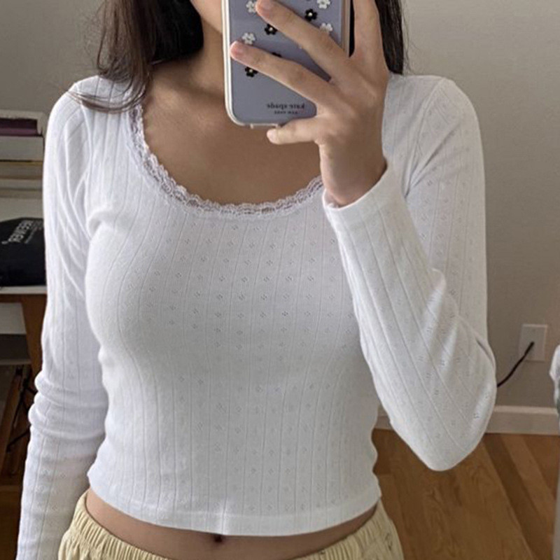 Y2K slatke čipkaste bijele rebraste pletene majice dugih rukava Chic Fairycore Vintage jesen proljeće ležerne majice ženske odjeće