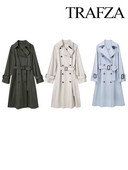 TRAFZA Jesen Ženski starinski šik remen s dvostrukim kopčanjem, široki kaput dugih rukava Ženska ležerna jednobojna vjetrovka na rever