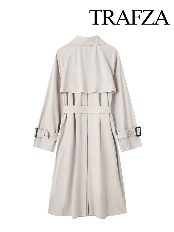 TRAFZA Jesen Ženski starinski šik remen s dvostrukim kopčanjem, široki kaput dugih rukava Ženska ležerna jednobojna vjetrovka na rever