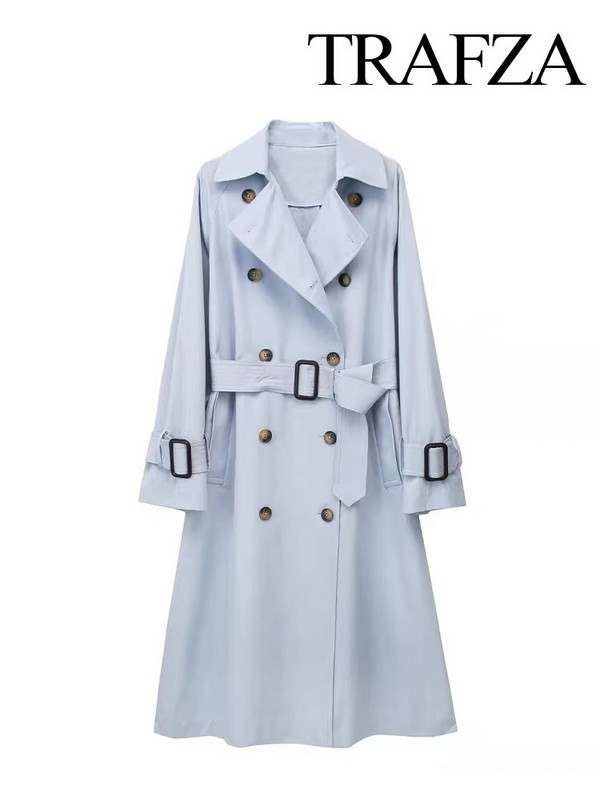 TRAFZA Jesen Ženski starinski šik remen s dvostrukim kopčanjem, široki kaput dugih rukava Ženska ležerna jednobojna vjetrovka na rever