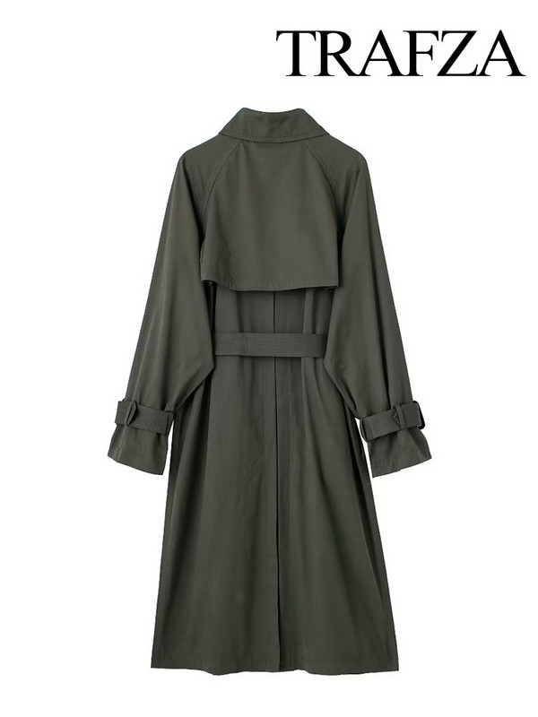 TRAFZA Jesen Ženski starinski šik remen s dvostrukim kopčanjem, široki kaput dugih rukava Ženska ležerna jednobojna vjetrovka na rever
