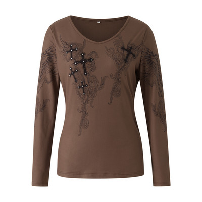 Y2k ženske majice dugih rukava s križnim krilima s V izrezom estetske majice 90-ih E-Girls uske majice ulične odjeće