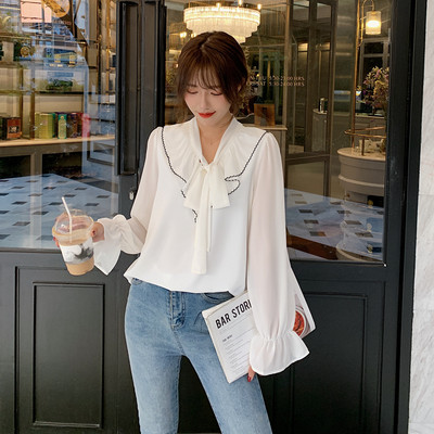 Γυναικείες μπλούζες από σιφόν Λευκή μόδα Casual μακρυμάνικο μαύρο μπλουζά φιόγκο Γυναικείο βολάν Γυναικεία βολάν Μπλουζάκια με μανίκια