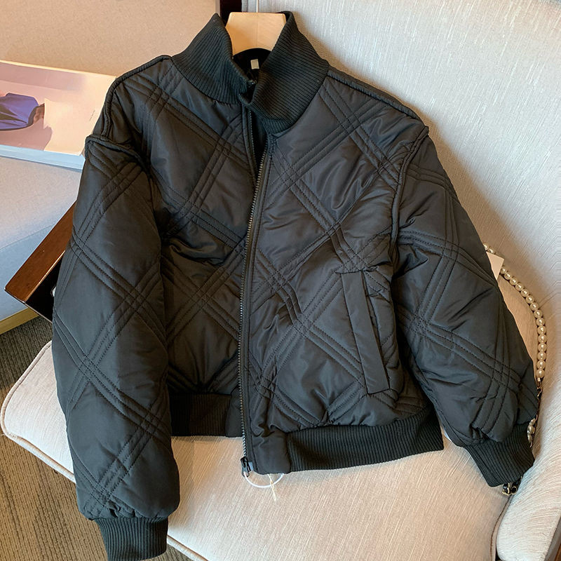 Jesen Zima Korejski modni široki ležerni kaputi s otvorenim ovratnikom Argyle skraćena pufer jakna s patentnim zatvaračem Ulična odjeća Jedinstvene šik parke