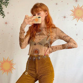 Γυναικεία Y2k Αισθητική T-shirt Sexy Mesh See Through Transparent Tops μακριά μανίκια Sheer Slim Sun Moon Tees καλοκαιρινά ρούχα