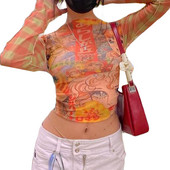 Y2K Ljetna ulična odjeća Ležerne vintage majice Ženske uske kratke majice Majice kratkih rukava 90-ih Djevojke Prozirne mrežaste majice dugih rukava