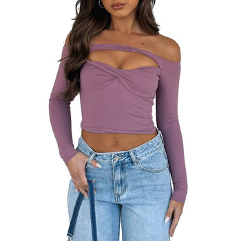 Y2K Off Shoulder Top 2000s Γυναικείες Αισθητική Πτώση με μακρυμάνικο κόμπο Ruched μπλουζάκι Grunge Ρούχα Basic Tees Streetwear