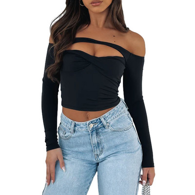 Y2K Off Shoulder Top 2000s Γυναικείες Αισθητική Πτώση με μακρυμάνικο κόμπο Ruched μπλουζάκι Grunge Ρούχα Basic Tees Streetwear