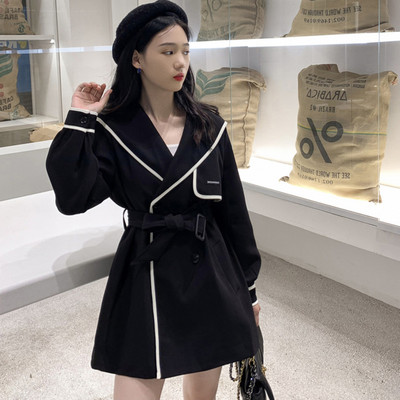 Trenci de primăvară, toamnă, pentru femei, design retro, franțuzesc, talie, guler bleumarin, temperament mic, mânecă lungă, jachetă de vânt neagră pentru femei