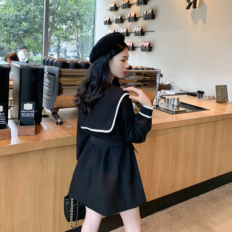 Trenci de primăvară, toamnă, pentru femei, design retro, franțuzesc, talie, guler bleumarin, temperament mic, mânecă lungă, jachetă de vânt neagră pentru femei