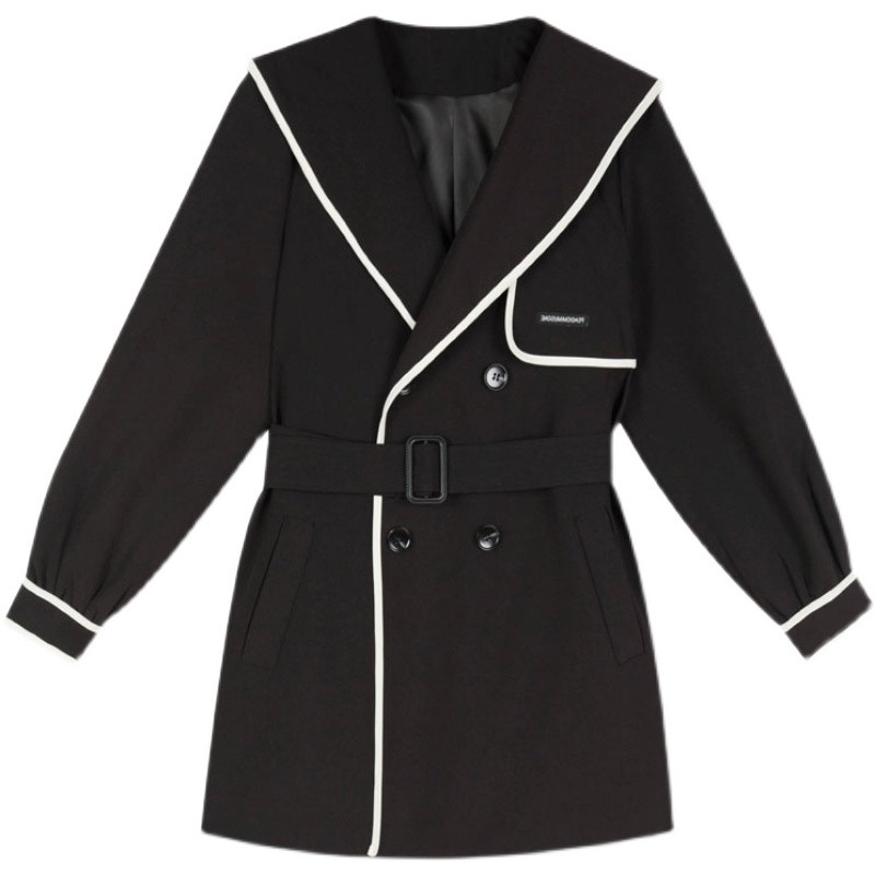 Trenci de primăvară, toamnă, pentru femei, design retro, franțuzesc, talie, guler bleumarin, temperament mic, mânecă lungă, jachetă de vânt neagră pentru femei