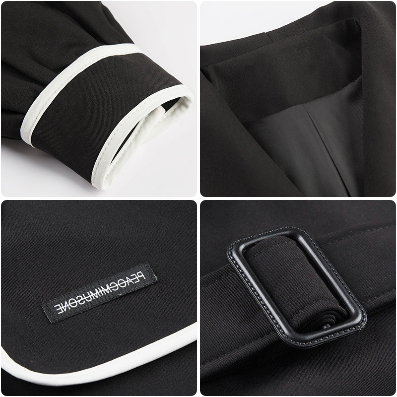 Trenci de primăvară, toamnă, pentru femei, design retro, franțuzesc, talie, guler bleumarin, temperament mic, mânecă lungă, jachetă de vânt neagră pentru femei