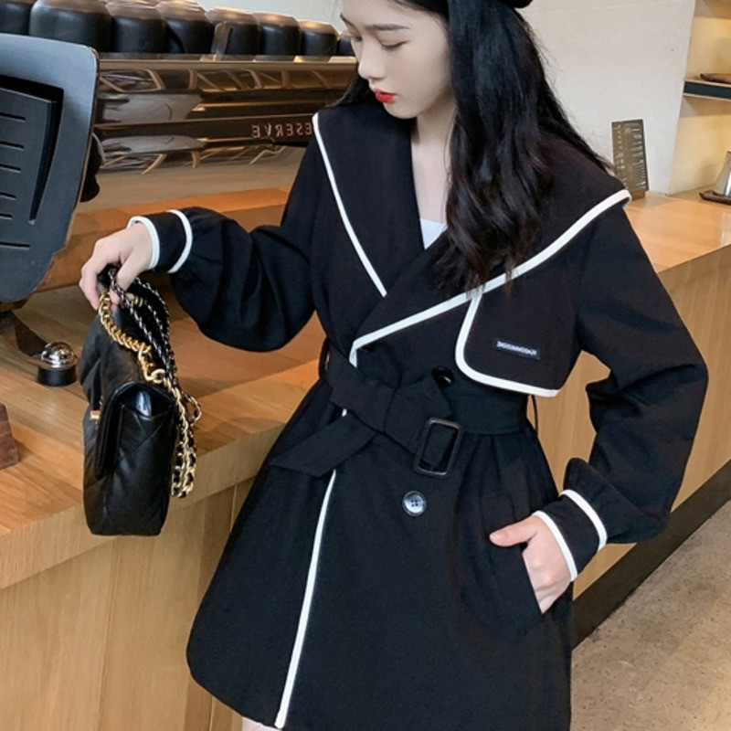 Trenci de primăvară, toamnă, pentru femei, design retro, franțuzesc, talie, guler bleumarin, temperament mic, mânecă lungă, jachetă de vânt neagră pentru femei