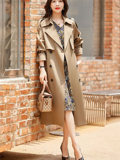 Windbreaker Γυναικείο Ανοιξιάτικο Φθινόπωρο Νέο μονόχρωμο πέτο με διπλό στήθος με κορδόνια φαρδύ μεσαίο παλτό γυναικεία ρούχα 131