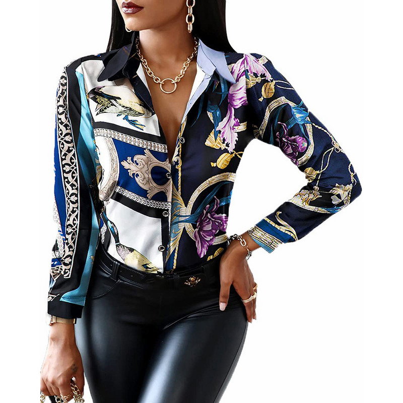 Блузи и ризи с копчета Зелен леопардов принт Риза с дълги ръкави Флорален принт Официален топ Свободно деколте Секси тениска Мода 2023 г.