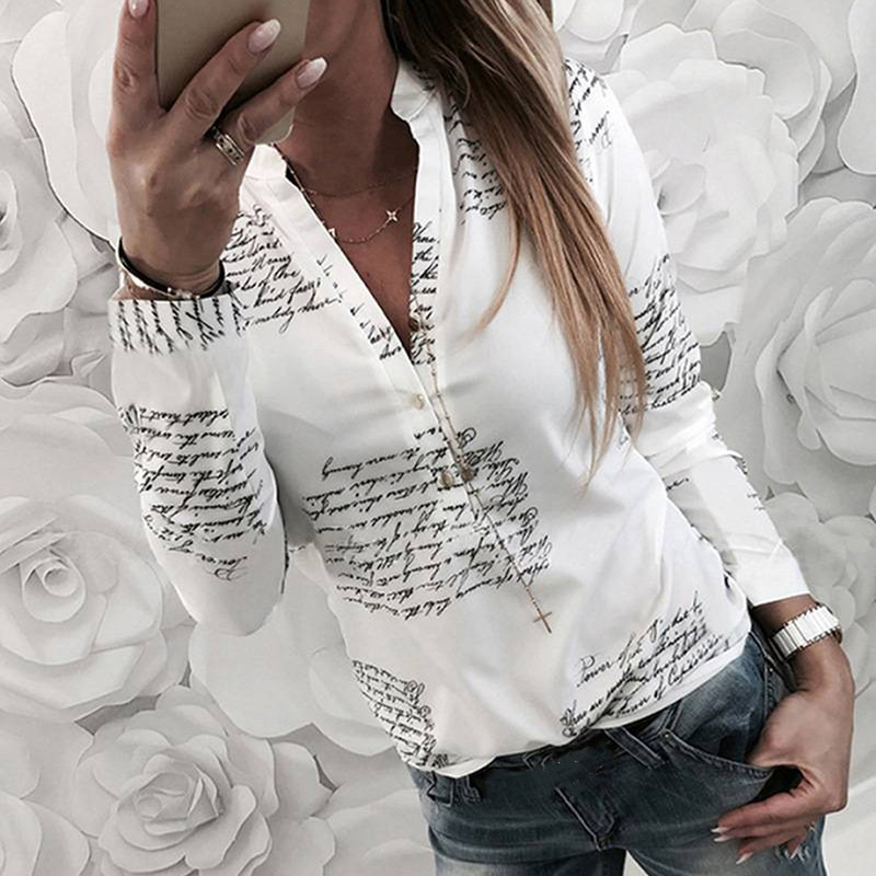 Cămăși de damă cu mâneci lungi 2023 la modă pentru femei cu decolteu în V cu litere imprimate cu butoane Cămăși de damă pentru primăvară topuri bluză Блузка