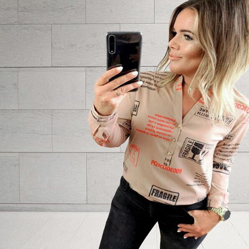 Cămăși de damă cu mâneci lungi 2023 la modă pentru femei cu decolteu în V cu litere imprimate cu butoane Cămăși de damă pentru primăvară topuri bluză Блузка