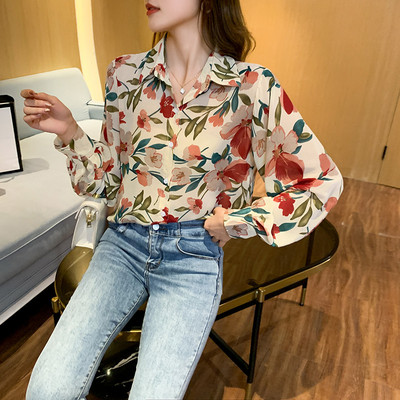 Καλοκαιρινό Νέο γυναικείο μακρυμάνικο πουκάμισο σιφόν μόδας Ευέλικτο βαμβακερό γρήγορο στέγνωμα Cool Lady's Top Printing Slim μπλούζες B086