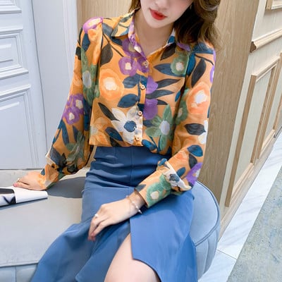 Καλοκαιρινό Νέο γυναικείο μακρυμάνικο πουκάμισο σιφόν μόδας Ευέλικτο βαμβακερό γρήγορο στέγνωμα Cool Lady's Top Printing Slim μπλούζες B086