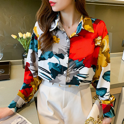 Καλοκαιρινό Νέο γυναικείο μακρυμάνικο πουκάμισο σιφόν μόδας Ευέλικτο βαμβακερό γρήγορο στέγνωμα Cool Lady's Top Printing Slim μπλούζες B086