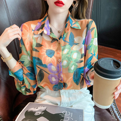 Καλοκαιρινό Νέο γυναικείο μακρυμάνικο πουκάμισο σιφόν μόδας Ευέλικτο βαμβακερό γρήγορο στέγνωμα Cool Lady's Top Printing Slim μπλούζες B086