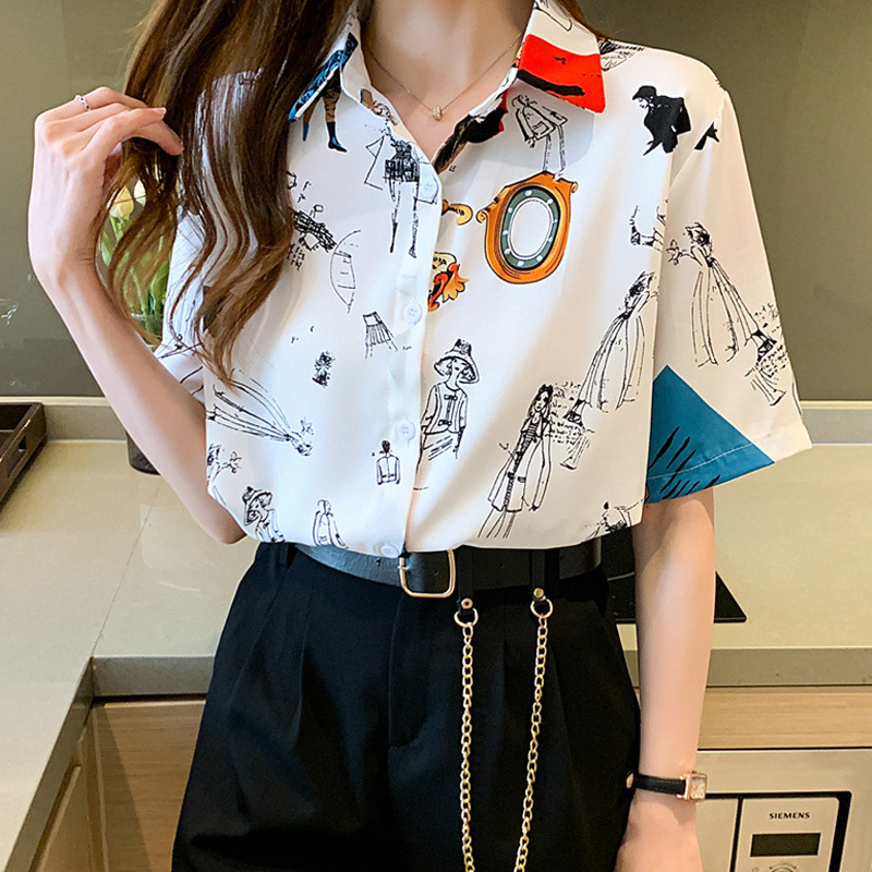 Καλοκαιρινό Νέο γυναικείο μακρυμάνικο πουκάμισο σιφόν μόδας Ευέλικτο βαμβακερό γρήγορο στέγνωμα Cool Lady's Top Printing Slim μπλούζες B086