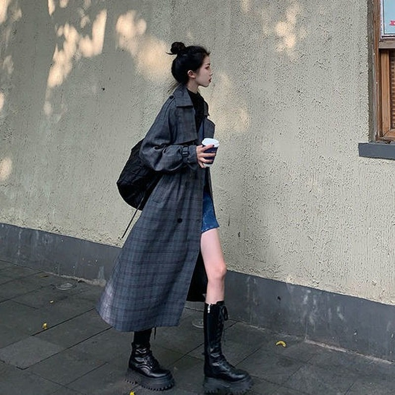 Ženski trenč dugih rukava široki retro karirani temperament, elegantna, sveobuhvatna ulična odjeća, ležerni jesenski ženski kaput u korejskom stilu