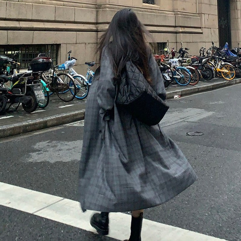 Ženski trenč dugih rukava široki retro karirani temperament, elegantna, sveobuhvatna ulična odjeća, ležerni jesenski ženski kaput u korejskom stilu