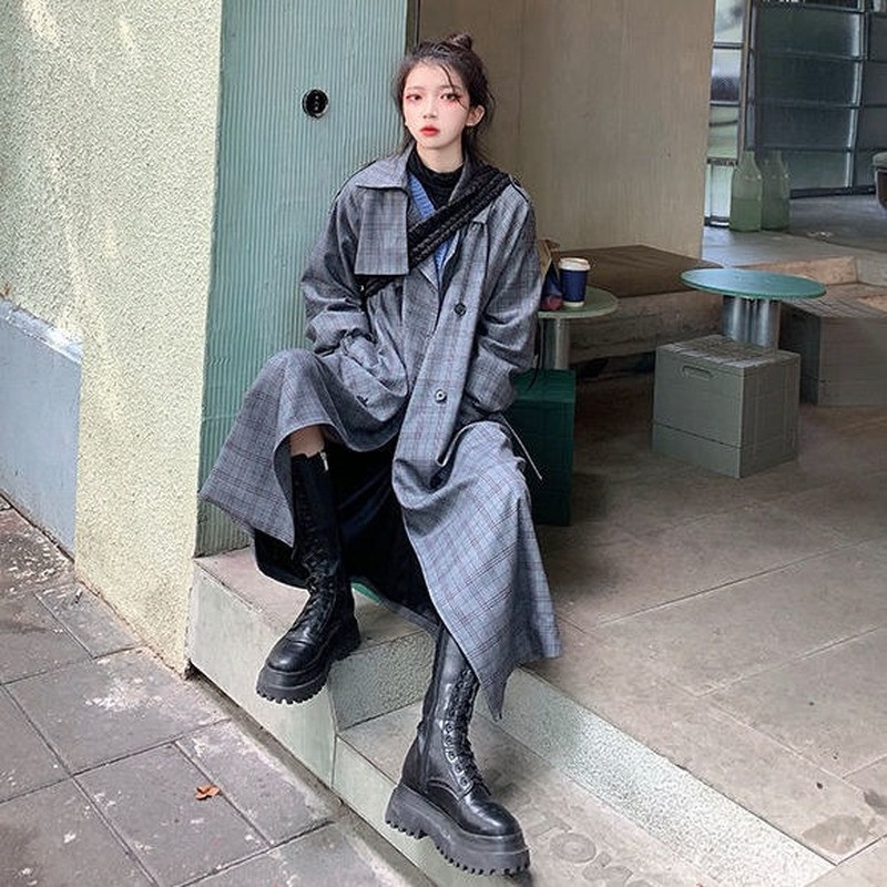 Ženski trenč dugih rukava široki retro karirani temperament, elegantna, sveobuhvatna ulična odjeća, ležerni jesenski ženski kaput u korejskom stilu