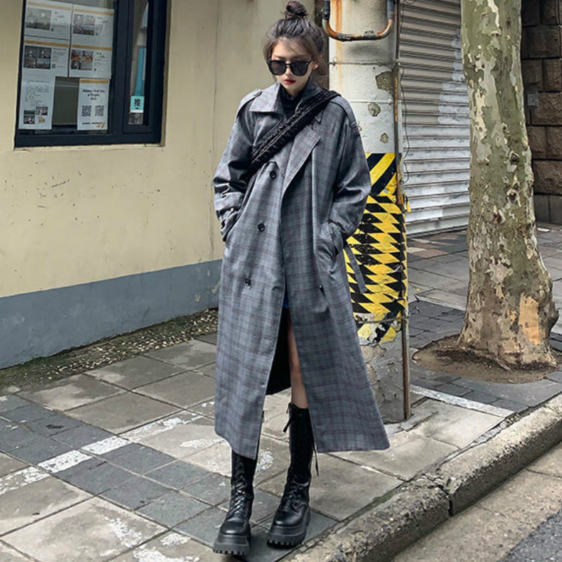 Ženski trenč dugih rukava široki retro karirani temperament, elegantna, sveobuhvatna ulična odjeća, ležerni jesenski ženski kaput u korejskom stilu