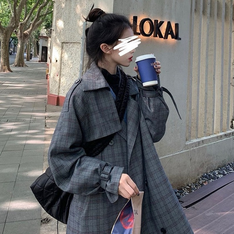 Ženski trenč dugih rukava široki retro karirani temperament, elegantna, sveobuhvatna ulična odjeća, ležerni jesenski ženski kaput u korejskom stilu
