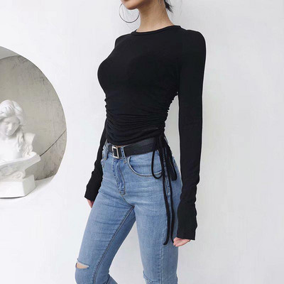 Elegantne nabrane uzice sa strane Elastičnost Tanke majice Ženske majice s dugim rukavima s O izrezom Osnovna majica Ženske Harajuku majice Puloveri Ženski