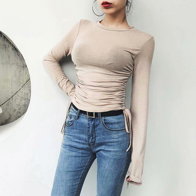 Elegantne nabrane uzice sa strane Elastičnost Tanke majice Ženske majice s dugim rukavima s O izrezom Osnovna majica Ženske Harajuku majice Puloveri Ženski