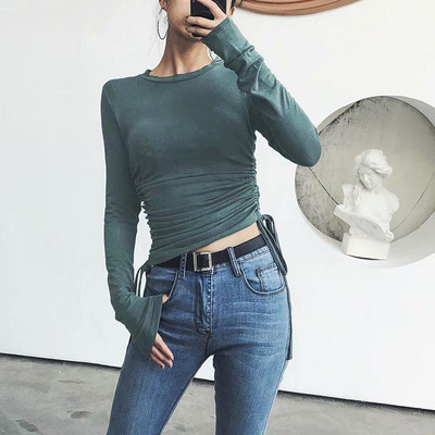 Elegantne nabrane uzice sa strane Elastičnost Tanke majice Ženske majice s dugim rukavima s O izrezom Osnovna majica Ženske Harajuku majice Puloveri Ženski