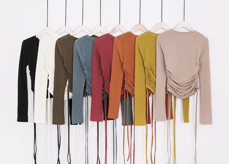 Elegantne nabrane uzice sa strane Elastičnost Tanke majice Ženske majice s dugim rukavima s O izrezom Osnovna majica Ženske Harajuku majice Puloveri Ženski