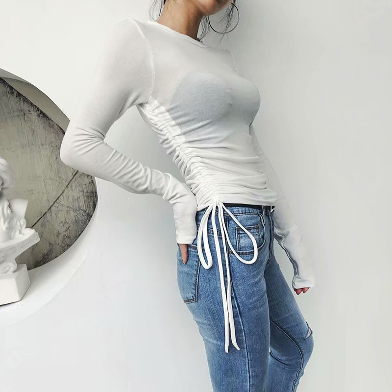 Elegantne nabrane uzice sa strane Elastičnost Tanke majice Ženske majice s dugim rukavima s O izrezom Osnovna majica Ženske Harajuku majice Puloveri Ženski