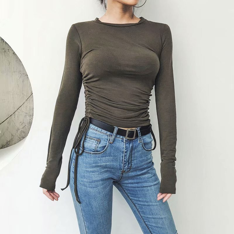 Elegantne nabrane uzice sa strane Elastičnost Tanke majice Ženske majice s dugim rukavima s O izrezom Osnovna majica Ženske Harajuku majice Puloveri Ženski