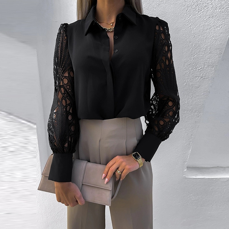 Balta, seksuali, nėriniuota, tuščiavidurė moteriška palaidinė, 2022 m. pavasario juoda senovinė marškiniai su mygtukais, ilgomis rankovėmis, tinklinio dizaino moteriškos palaidinės