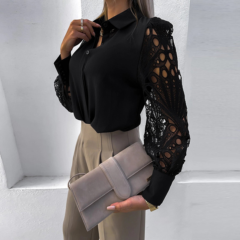 Balta, seksuali, nėriniuota, tuščiavidurė moteriška palaidinė, 2022 m. pavasario juoda senovinė marškiniai su mygtukais, ilgomis rankovėmis, tinklinio dizaino moteriškos palaidinės