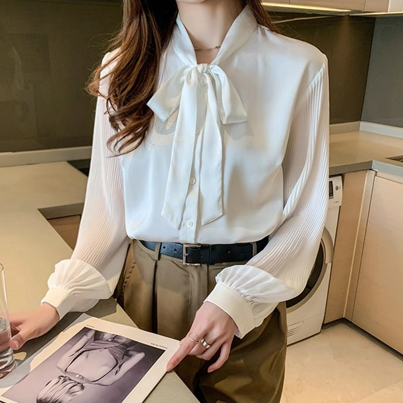 Elegantne uredske šifonske košulje, ženske bluze, korejska modna odjeća, mašne, bluze, dugih rukava, bijele puf rukave, ženske majice za posao