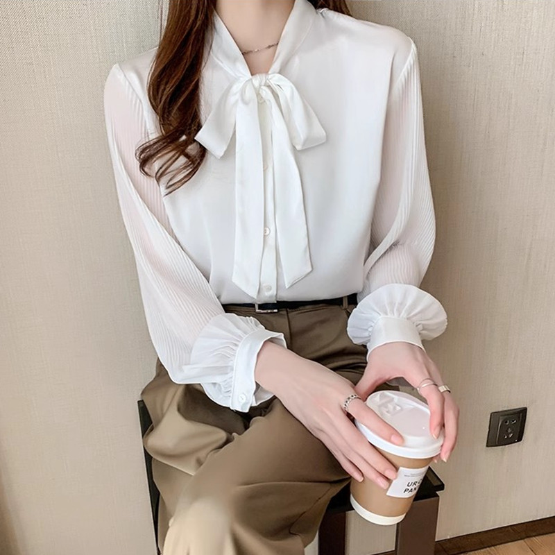 Elegantne uredske šifonske košulje, ženske bluze, korejska modna odjeća, mašne, bluze, dugih rukava, bijele puf rukave, ženske majice za posao