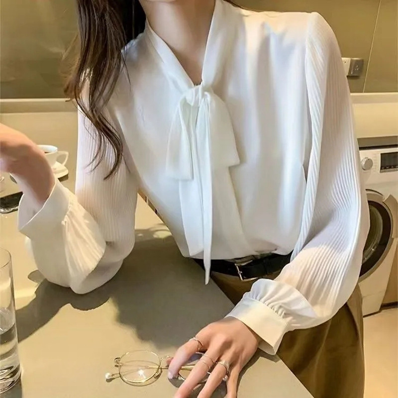 Elegantne uredske šifonske košulje, ženske bluze, korejska modna odjeća, mašne, bluze, dugih rukava, bijele puf rukave, ženske majice za posao