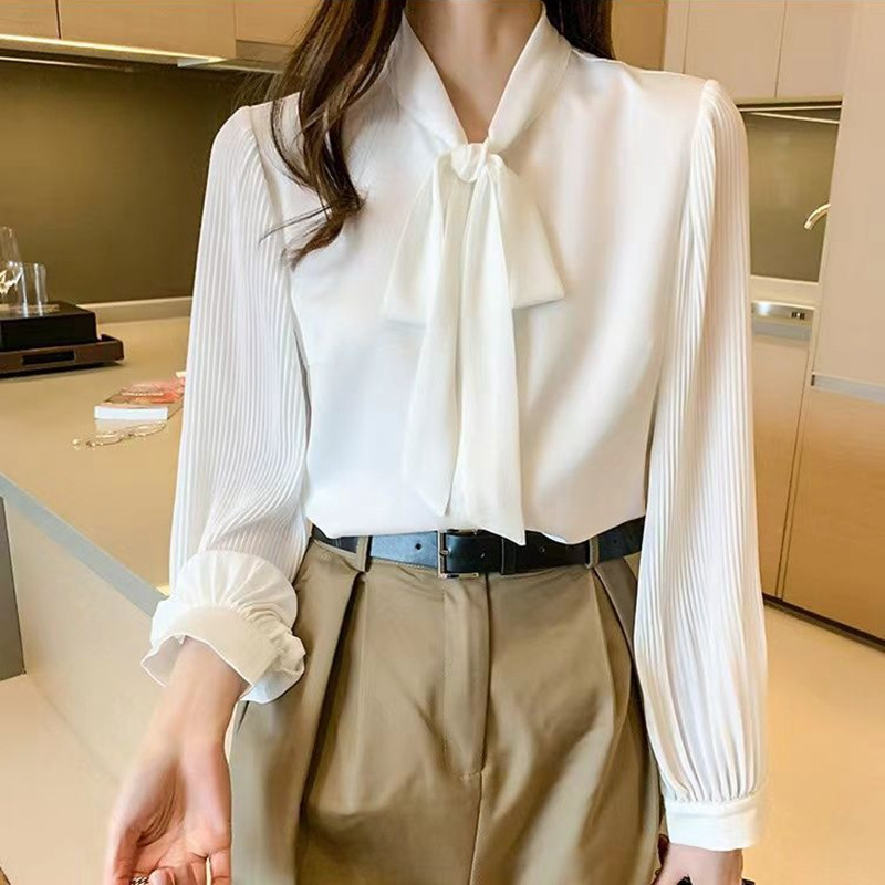Elegantne uredske šifonske košulje, ženske bluze, korejska modna odjeća, mašne, bluze, dugih rukava, bijele puf rukave, ženske majice za posao