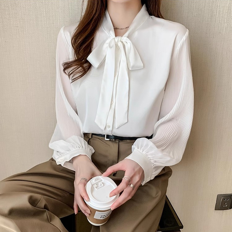 Elegantne uredske šifonske košulje, ženske bluze, korejska modna odjeća, mašne, bluze, dugih rukava, bijele puf rukave, ženske majice za posao