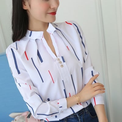 Women White Tops and Blouses Fashion Stripe Print Casual Long Sleeve Office Lady Work Shirts Female Slim Blusas